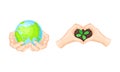 Human hands holding Earth globe and green sprout. Environmental protection, ecology concept vector illustration Royalty Free Stock Photo