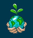 Human hands holding earth with plant sprout. Environment, ecology concept vector illustration