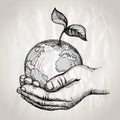 Human hands holding earth with plant sprout, vector hand drawn graphic illustration