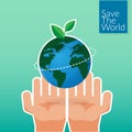 Human hands holding Earth, save the world concept. people`s volunteer hands planting green globe and tree for saving environment Royalty Free Stock Photo