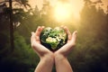 Human hands holding the earth and trees in heart shape on nature background. Generative AI Royalty Free Stock Photo