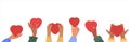 Human hands holding and giving red hearts. Concept of sharing love, compassion with people. Love symbols banner, poster Royalty Free Stock Photo