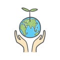 Human hands holding globe with plant on it environmental care and social responsibility doodle.