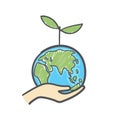 Human hands holding globe with plant on it environmental care and social responsibility doodle. Royalty Free Stock Photo