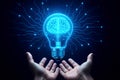 Human hands holding a glowing light bulb with a brain inside and digital circuit patterns idea innovation Royalty Free Stock Photo