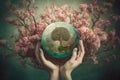 Human hands holding green planet with bloom tree, AI generated Royalty Free Stock Photo