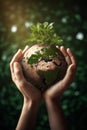 Human hands holding green planet with bloom tree, AI generated Royalty Free Stock Photo