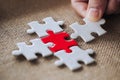 Human hands holding jigsaw  with word problem & solution.  symbol of association and connection. business strategy Royalty Free Stock Photo