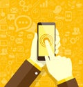 Human hands holding mobile phone with social media icons Royalty Free Stock Photo