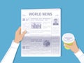 Human hands holding newspaper and disposable coffee cup. The latest world news for the morning coffee. Newspaper with photos