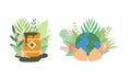 Human Hands Holding Planet with Green Foliage and Tank with Fuel as Environmental and Ecology Protection Vector Set