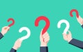 Human hands holding question mark, FAQ in flat design style, illustration
