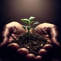 human hands holding a small seedling in soil