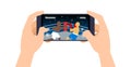 Human hands holding smartphone gaming boxing fight app virtual sport game vector