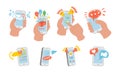 Human hands holding smartphone using mobile application for communication and shopping set