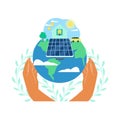 Human hands holding solar panel with dollar coin and light bulb connected to solar panel. Solar energy concept vector