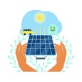 Human hands holding solar panel with dollar coin and light bulb connected to solar panel. Solar energy concept vector