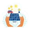 Human hands holding solar panel with dollar coin and light bulb connected to solar panel. Solar energy concept vector
