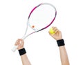 Human hands holding tennis ball and a racket isolated on white b Royalty Free Stock Photo