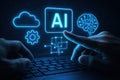 Human hands interacting with futuristic ai holographic interface with cloud data and brain icons Royalty Free Stock Photo