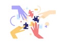 Human hands joining and connecting puzzle pieces together. Teamwork and partnership concept. Business team finding