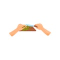 Human hands with a knife cutting fresh parsley on a wooden cutting board, ooking hands vector Illustration on a white