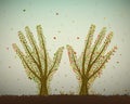 Human hands look like autumn trees with on soil and stretching to the sun, help the tree concept, save the forest idea