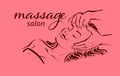 Human hands massaging beautiful lady model laying. Hand drawn sketch vector illustration.