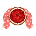 Human hands in mittens hold freshly baked strawberry pie with powdered sugar in a baking dish. vector illustration for