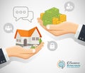 Human hands with money and building house. Flat style concept design illustration. Royalty Free Stock Photo