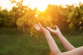 Human hands open palm up worship. Eucharist Therapy Bless God He Royalty Free Stock Photo