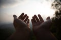 Human hands open palm up worship. Eucharist Therapy Bless God Helping Repent Catholic Easter Lent Mind Pray. Christian Religion Royalty Free Stock Photo