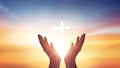 Human hands open palm up worship god on Sunset background with cross on white Royalty Free Stock Photo