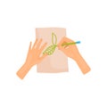 Human hands painting leaves on paper with green pencil. Hobby theme. Flat vector element for poster or flyer of art