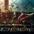 Human hands planting sprouts fresh plant seedlings or flowers in a home greenhouse, AI generative image of gardening and Royalty Free Stock Photo