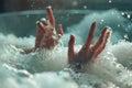 Human hands playfully rise above the sudsy surface of water, creating a sense of fun and lightness.