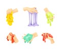 Human hands playing colorful slime set. Homemade sticky bright liquid hand gum cartoon vector illustration