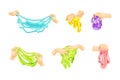 Human hands playing colorful slime set. Homemade sticky bright liquid hand gum, sticky dripping mucus cartoon vector