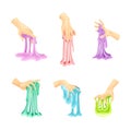 Human hands playing colorful slime set. Sticky bright liquid hand gum, sticky dripping mucus cartoon vector illustration