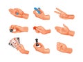 Human hands playing different board games set. Arms holding cubes, spinner, puzzle jigsaw