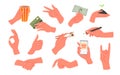 Human hands pose with different gestures and objects set, female and male arms hold phone