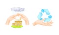 Human hands protecting house and holding recycle sign. Environmental protection and ecology concept vector illustration