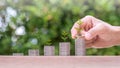 Human hands putting sapling and growing up on stacked of coins on nature background. Pension fund concept Royalty Free Stock Photo