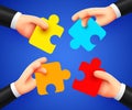 Human hands solve jigsaw puzzle. Concept of team, cooperation. 3d cartoon style. Royalty Free Stock Photo