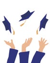 Human hands throwing graduation cap. Vector illustration