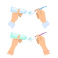 Human hands with toothbrushes, toothpaste tube and on the brush.