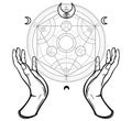 Human hands touch an alchemical circle. Mystical symbols, sacred geometry.