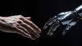 The human hands touch the robot\'s metallic hand. Concept of harmonious coexistence of humans and AI technology