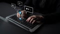 Human Hands Typing on Laptop with AI Graphics and Speech Bubbles Representing Digital Communication and Technology Royalty Free Stock Photo