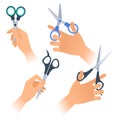 Human hands with various steel scissors. Flat vector illustration